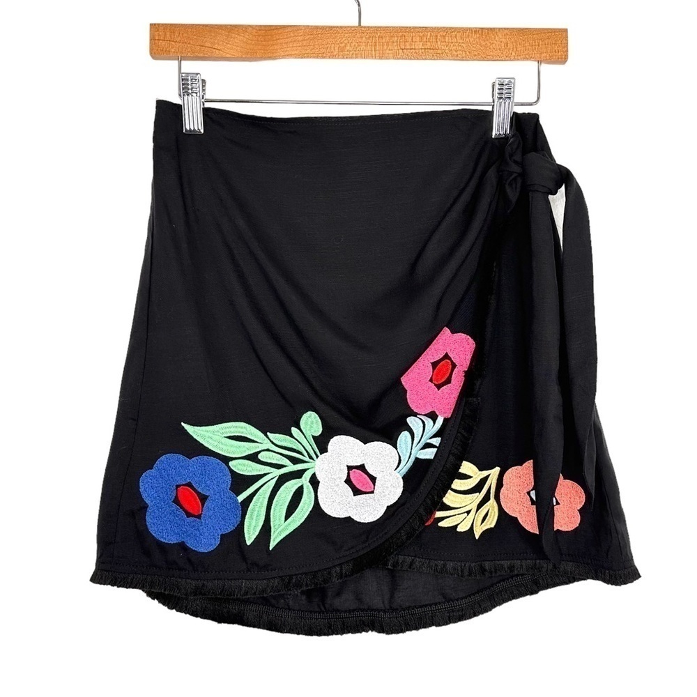 J. Marie Womens Embroidered Faux Wrap Mini Skirt Sz Small Black Boho Festival